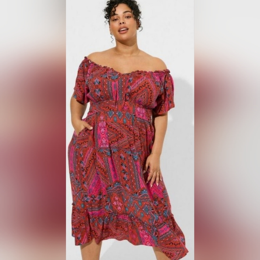 Torrid Red Pink Puff Sleeve Off-Shoulder Midi Dress
